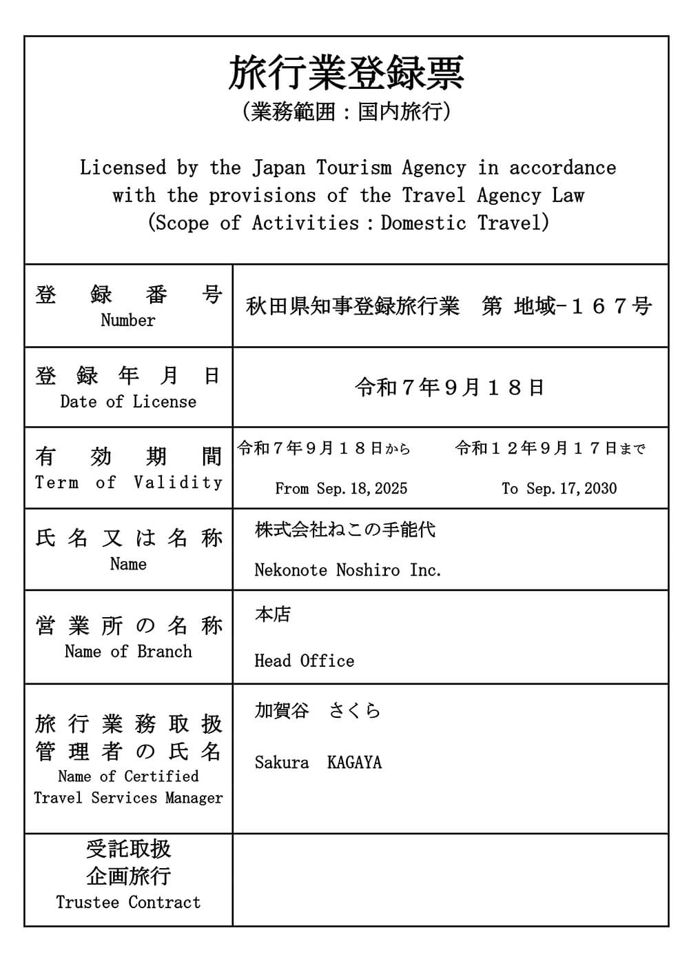 旅行業登録票